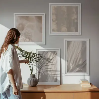 Compoziție de tablouri pentru perete cu prim-plan de țesături naturale în stil boho