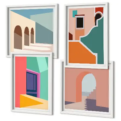 Compoziție de tablouri pentru perete cu ilustrații colorate ale orașului