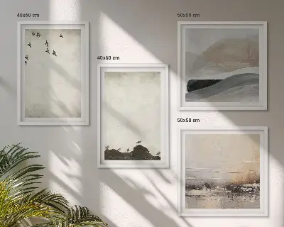 Set de tablouri gata de agățat cu decorațiuni reprezentând păsări și pietre în stil tușă de pensulă