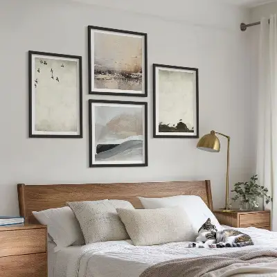 Set de tablouri gata de agățat cu decorațiuni reprezentând păsări și pietre în stil tușă de pensulă