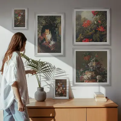 Tablou poliptic înrămat cu model de pisici florale în stil vintage