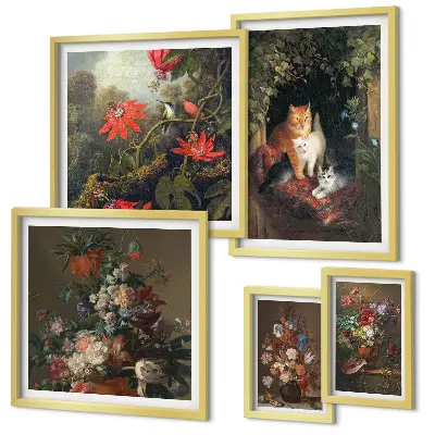 Tablou poliptic înrămat cu model de pisici florale în stil vintage
