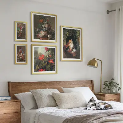 Tablou poliptic înrămat cu model de pisici florale în stil vintage