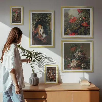 Tablou poliptic înrămat cu model de pisici florale în stil vintage
