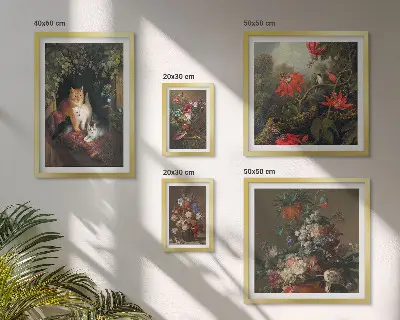 Tablou poliptic înrămat cu model de pisici florale în stil vintage