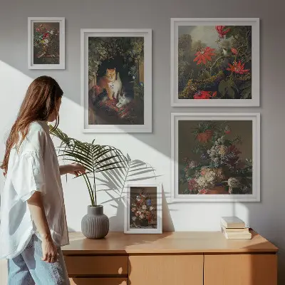 Tablou poliptic înrămat cu model de pisici florale în stil vintage