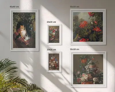 Tablou poliptic înrămat cu model de pisici florale în stil vintage
