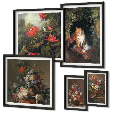 Tablou poliptic înrămat cu model de pisici florale în stil vintage