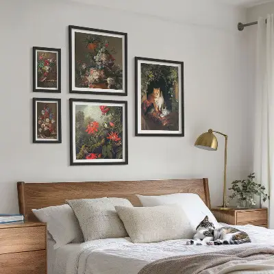 Tablou poliptic înrămat cu model de pisici florale în stil vintage