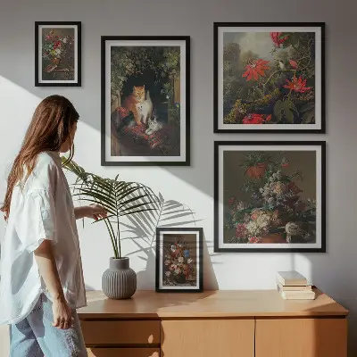 Tablou poliptic înrămat cu model de pisici florale în stil vintage