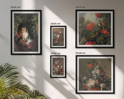 Tablou poliptic înrămat cu model de pisici florale în stil vintage