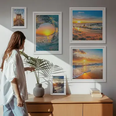 Polyptic înrămat apusuri de soare la mare și poduri în oraș