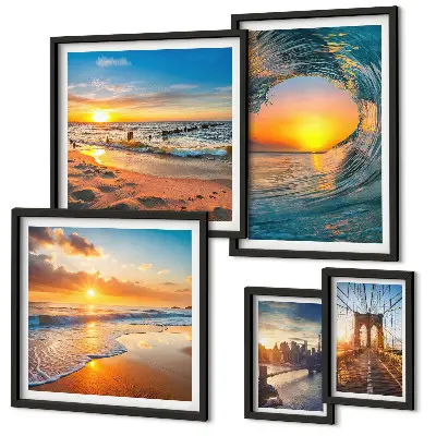 Polyptic înrămat apusuri de soare la mare și poduri în oraș
