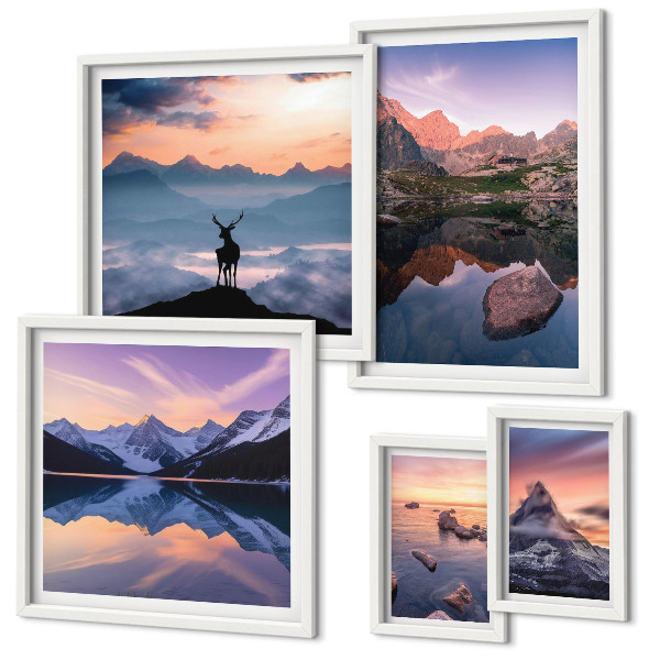Decorațiune de perete set tablouri Reflecții la apusul de soare de munte