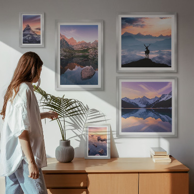 Decorațiune de perete set tablouri Reflecții la apusul de soare de munte