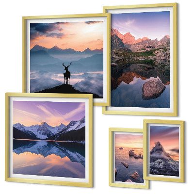 Decorațiune de perete set tablouri Reflecții la apusul de soare de munte