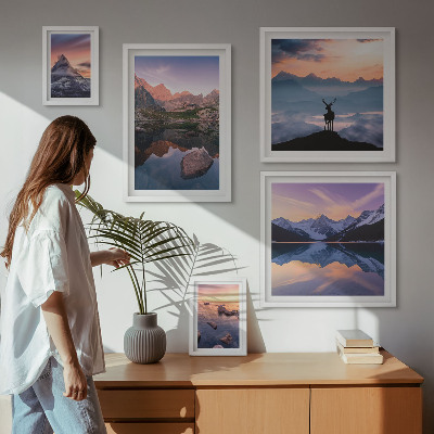 Decorațiune de perete set tablouri Reflecții la apusul de soare de munte