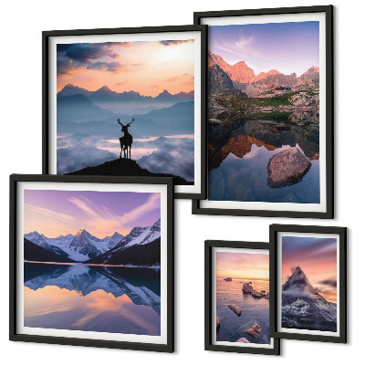 Decorațiune de perete set tablouri Reflecții la apusul de soare de munte