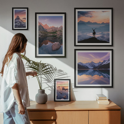 Decorațiune de perete set tablouri Reflecții la apusul de soare de munte