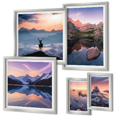 Decorațiune de perete set tablouri Reflecții la apusul de soare de munte