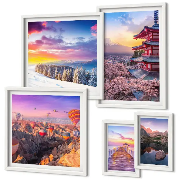 Tablou triptic înrămat cu tematică de munți și flori asiatice