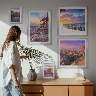 Tablou triptic înrămat cu tematică de munți și flori asiatice