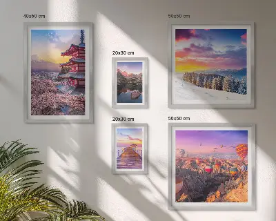Tablou triptic înrămat cu tematică de munți și flori asiatice