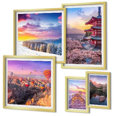 Tablou triptic înrămat cu tematică de munți și flori asiatice