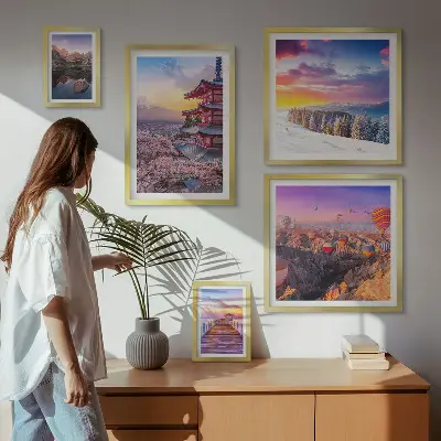 Tablou triptic înrămat cu tematică de munți și flori asiatice