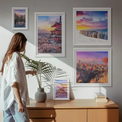 Tablou triptic înrămat cu tematică de munți și flori asiatice