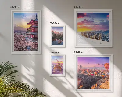 Tablou triptic înrămat cu tematică de munți și flori asiatice