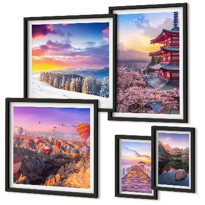 Tablou triptic înrămat cu tematică de munți și flori asiatice