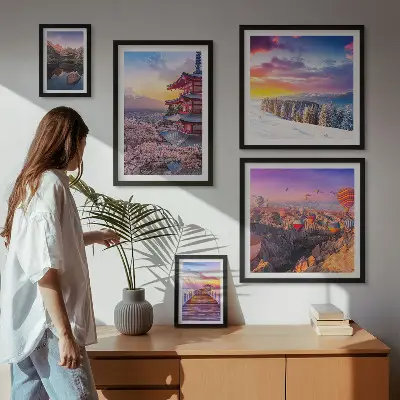 Tablou triptic înrămat cu tematică de munți și flori asiatice