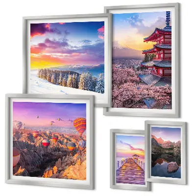 Tablou triptic înrămat cu tematică de munți și flori asiatice