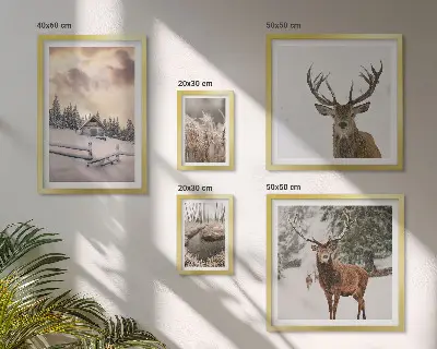 Peisaje de iarnă cu căprioare triptic înrămat