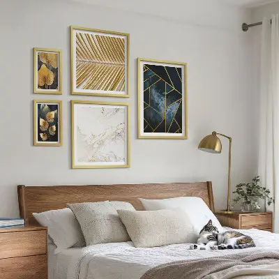 Tablou poliptic înrămat cu model de frunze elegante și forme geometrice