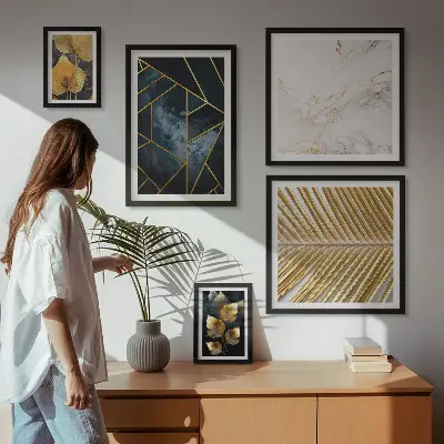 Tablou poliptic înrămat cu model de frunze elegante și forme geometrice