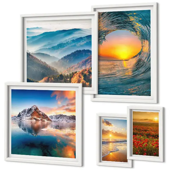 Set de tablouri decorative pentru perete cu peisaje naturale reprezentând mare, munți și flori