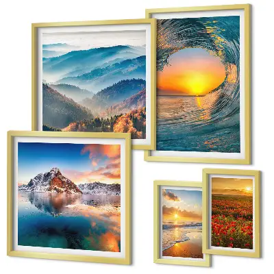 Set de tablouri decorative pentru perete cu peisaje naturale reprezentând mare, munți și flori