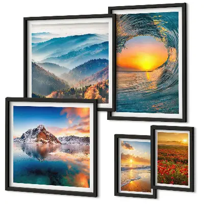 Set de tablouri decorative pentru perete cu peisaje naturale reprezentând mare, munți și flori