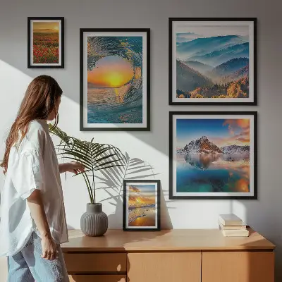 Set de tablouri decorative pentru perete cu peisaje naturale reprezentând mare, munți și flori