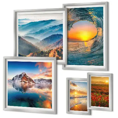 Set de tablouri decorative pentru perete cu peisaje naturale reprezentând mare, munți și flori