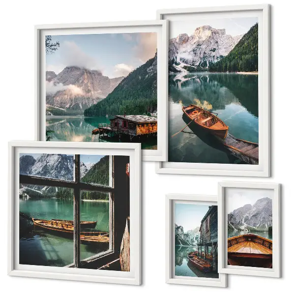 Set tablouri decorative pentru perete cu peisaje montane, lacuri și bărci
