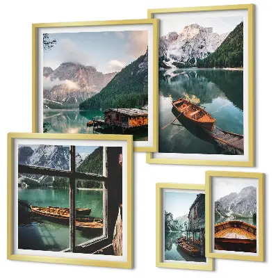 Set tablouri decorative pentru perete cu peisaje montane, lacuri și bărci