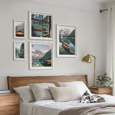 Set tablouri decorative pentru perete cu peisaje montane, lacuri și bărci