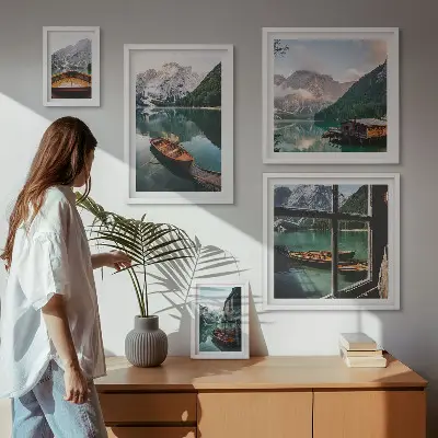 Set tablouri decorative pentru perete cu peisaje montane, lacuri și bărci