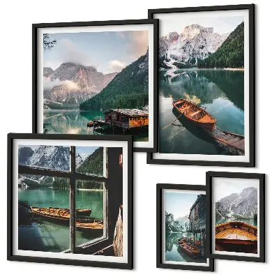 Set tablouri decorative pentru perete cu peisaje montane, lacuri și bărci