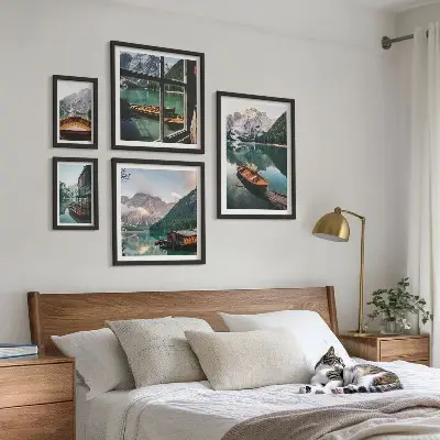 Set tablouri decorative pentru perete cu peisaje montane, lacuri și bărci