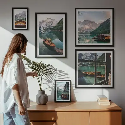 Set tablouri decorative pentru perete cu peisaje montane, lacuri și bărci
