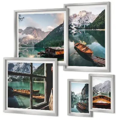 Set tablouri decorative pentru perete cu peisaje montane, lacuri și bărci